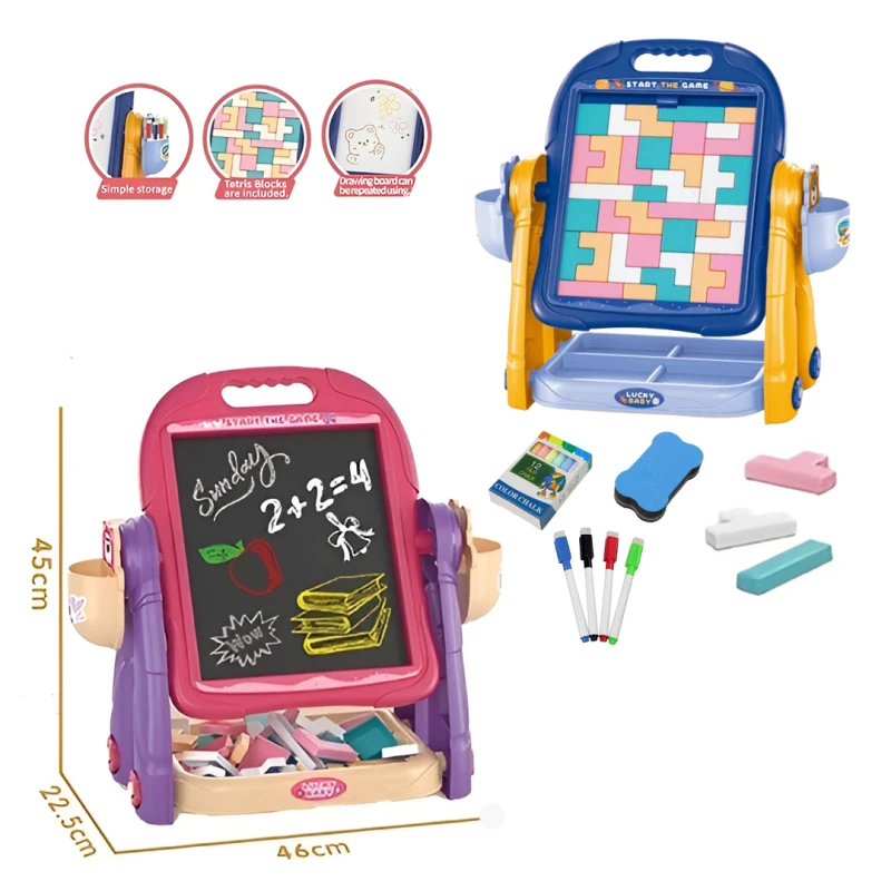 3 in 1 Kids Drawing Board - Tetris Building Blocks, Black Board & White Board - 360° Rotating Drawing Stand with Storage - Suitable for Ages 3+